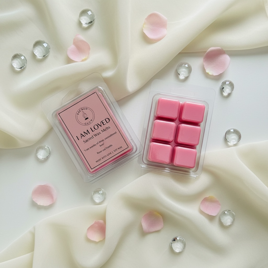 Sacred Wax Melts I Am Loved of rose and vanilla scents.