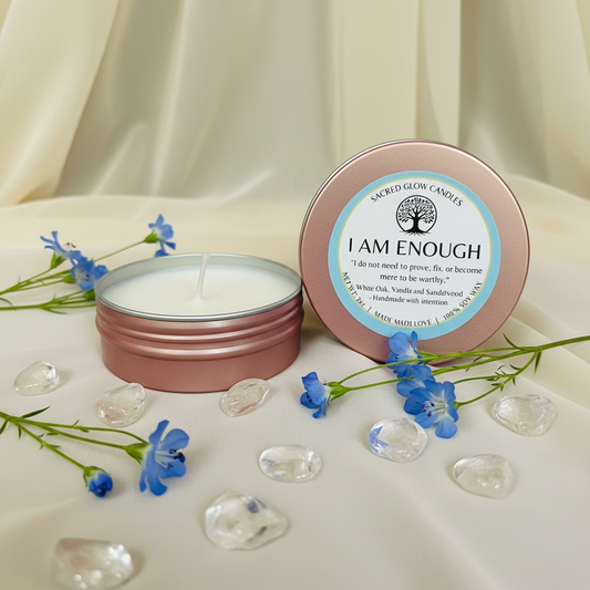 Mini Intention Candle: I am Enough- White Oak, Vanilla, Sandalwood scents