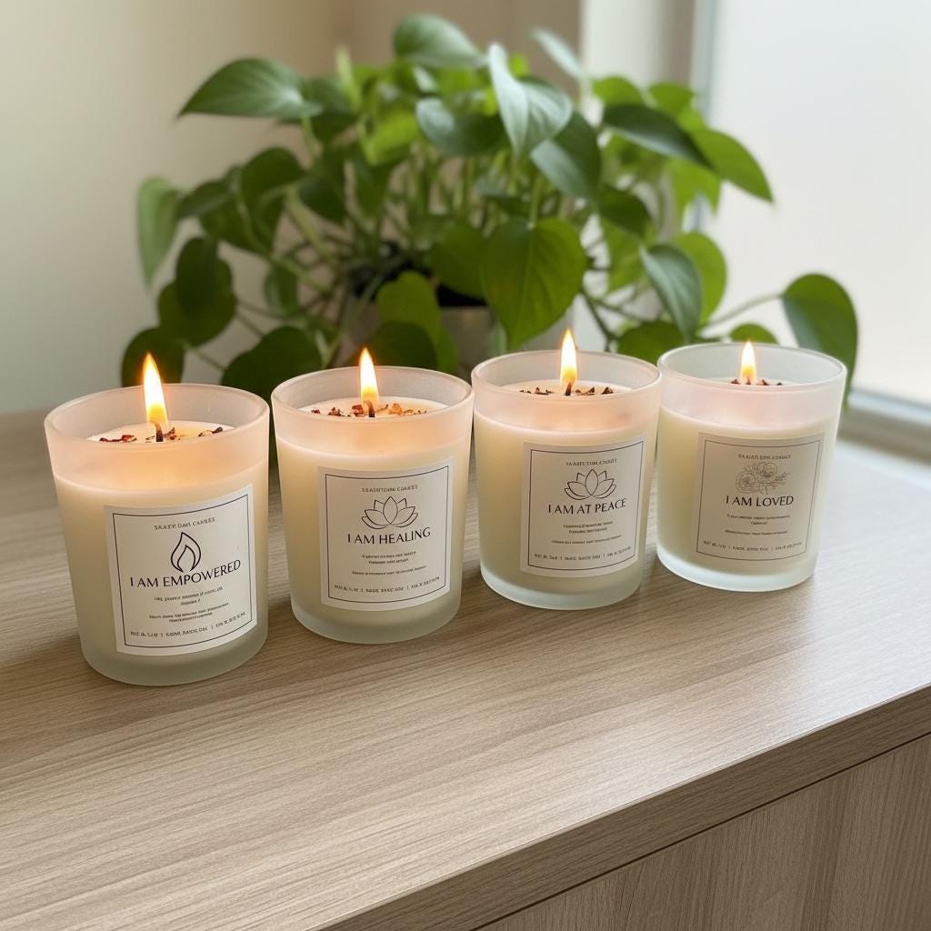 Sacred Glow Candle Set: jasmine, bergamot, frankincense, eucalyptus, peppermint, lavender, chamomile, rose and vanilla scents