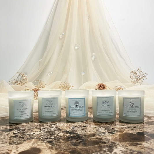 Sacred Glow Candle Set: jasmine, bergamot, frankincense, eucalyptus, peppermint, lavender, chamomile, White oak, Sandal wood, rose and vanilla scents