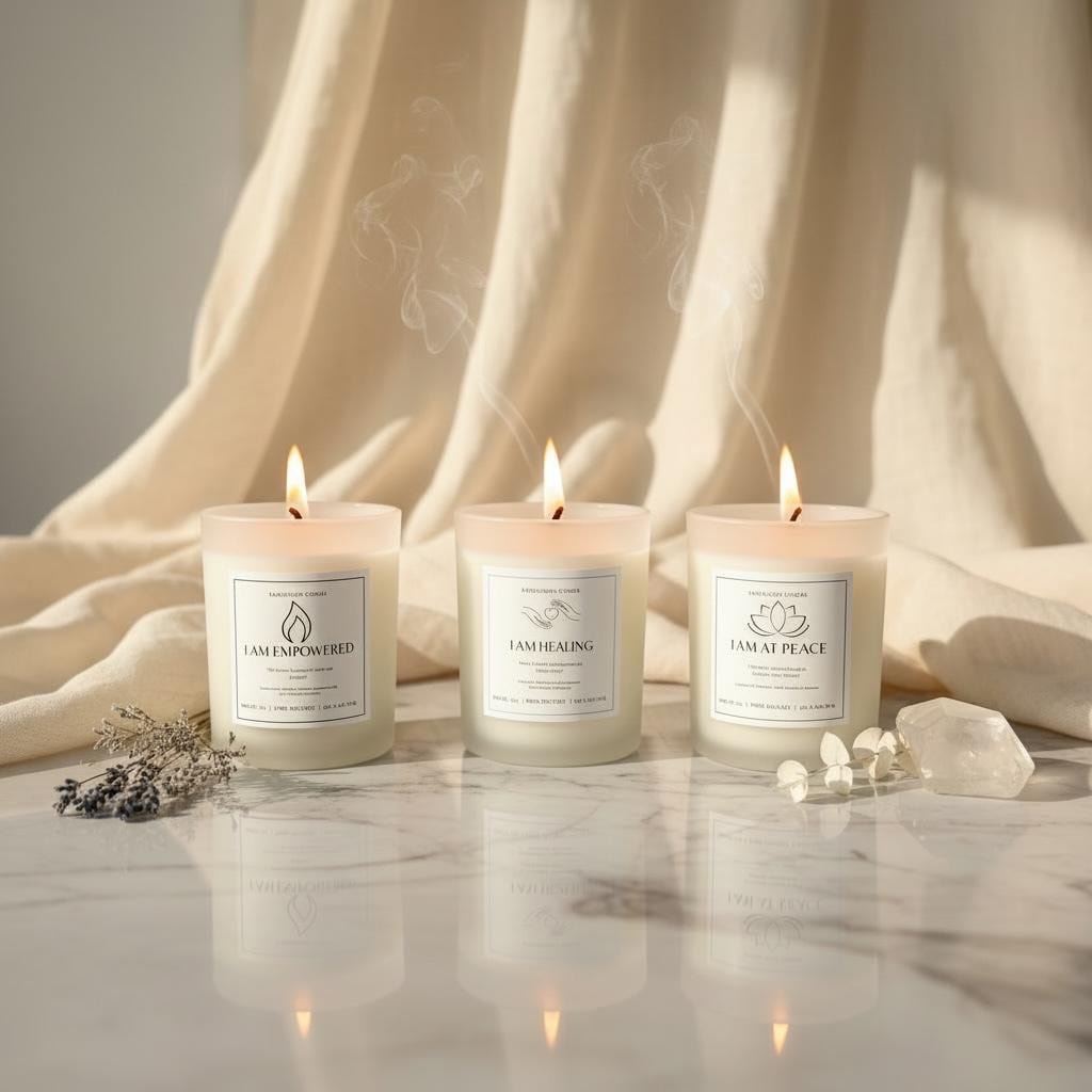 Healing and Empowerment Trio Candle Set: lavender and chamomile, eucalyptus, peppermint, frankincense, sweet orange, bergamot, honeysuckle