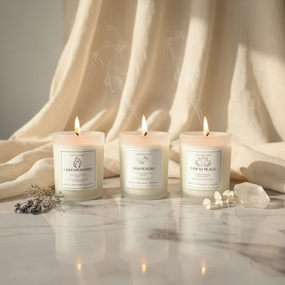 Healing and Empowerment Trio Candle Set: lavender and chamomile, eucalyptus, peppermint, frankincense, sweet orange, bergamot, honeysuckle