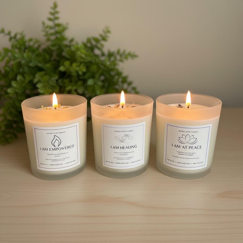 Healing and Empowerment Trio Candle Set: lavender and chamomile, eucalyptus, peppermint, frankincense, sweet orange, bergamot, honeysuckle