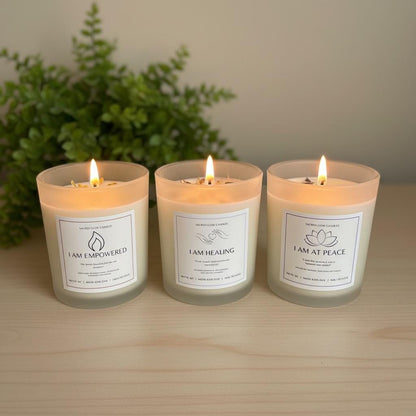 Healing and Empowerment Trio Candle Set: lavender and chamomile, eucalyptus, peppermint, frankincense, sweet orange, bergamot, honeysuckle