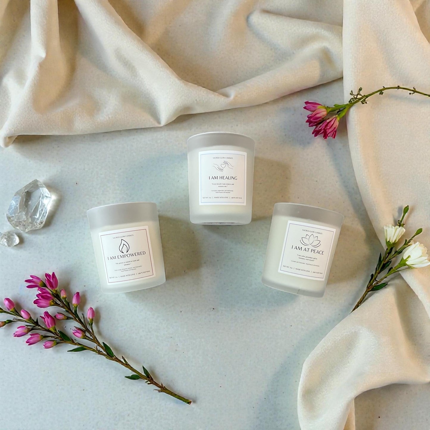 Healing and Empowerment Trio Candle Set: lavender and chamomile, eucalyptus, peppermint, frankincense, sweet orange, bergamot, honeysuckle