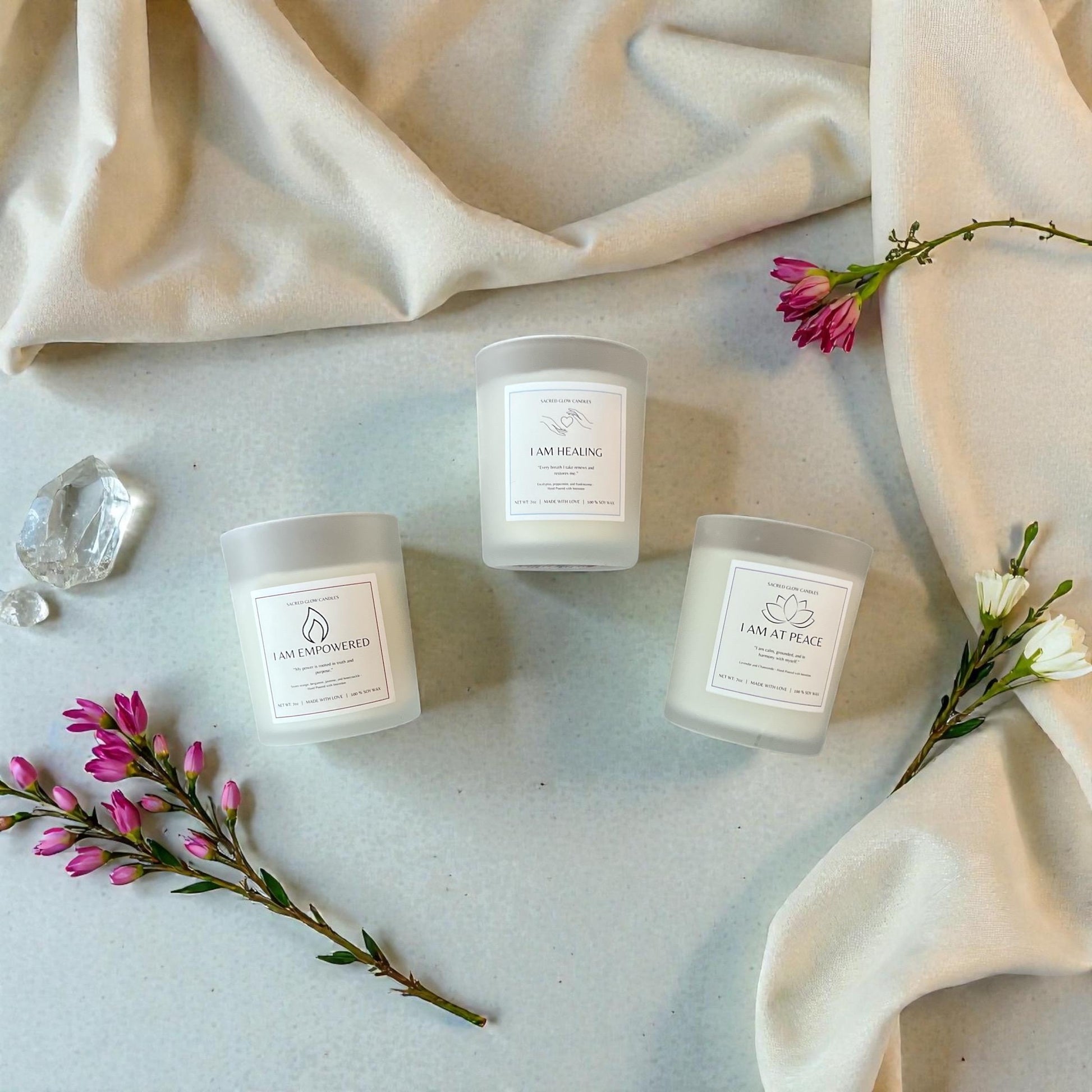 Healing and Empowerment Trio Candle Set: lavender and chamomile, eucalyptus, peppermint, frankincense, sweet orange, bergamot, honeysuckle