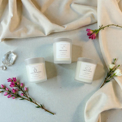 Healing and Empowerment Trio Candle Set: lavender and chamomile, eucalyptus, peppermint, frankincense, sweet orange, bergamot, honeysuckle