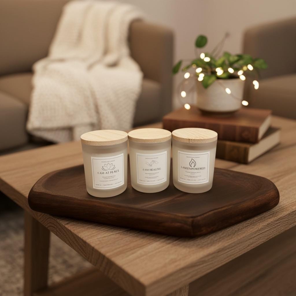 Healing and Empowerment Trio Candle Set: lavender and chamomile, eucalyptus, peppermint, frankincense, sweet orange, bergamot, honeysuckle