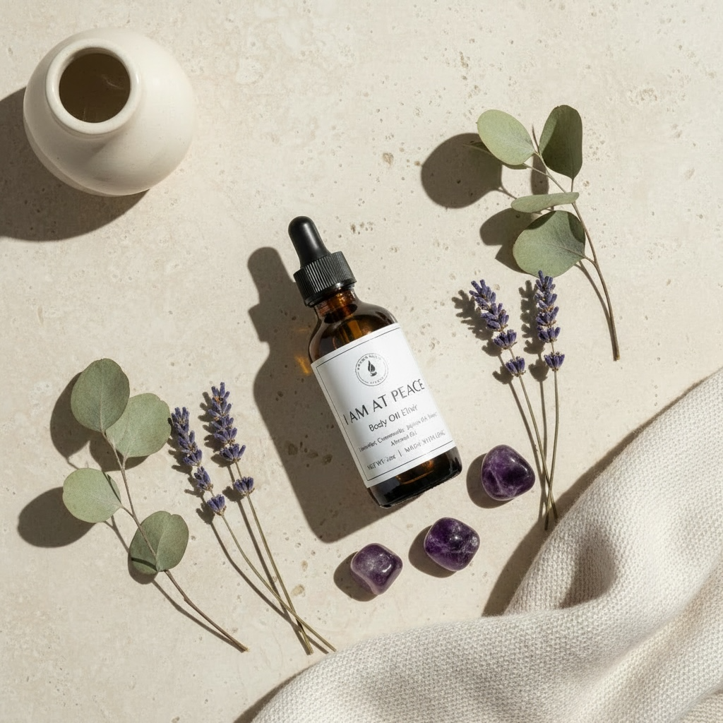 Body oil with lavender and chamomile scents mixed in almond oil and jojoba oil