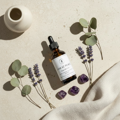 Body oil with lavender and chamomile scents mixed in almond oil and jojoba oil