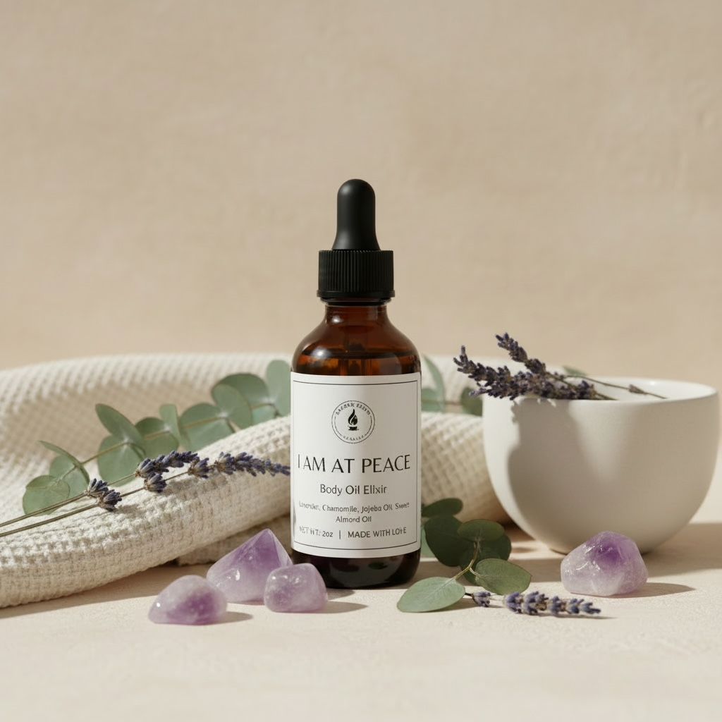 Body oil with lavender and chamomile scents mixed in almond oil and jojoba oil