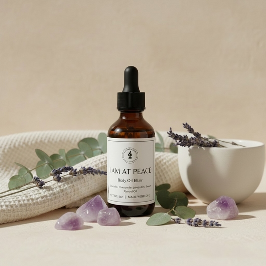 Body oil with lavender and chamomile scents mixed in almond oil and jojoba oil