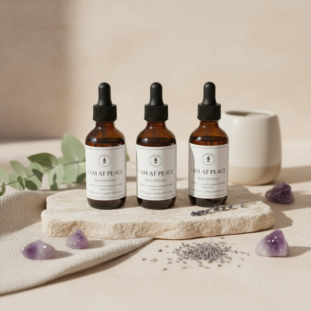 Body oil with lavender and chamomile scents mixed in almond oil and jojoba oil