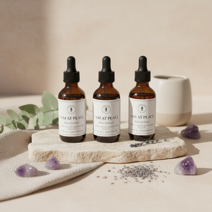 Body oil with lavender and chamomile scents mixed in almond oil and jojoba oil