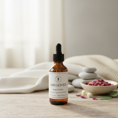 Body oil elixir:  Rose and Vanilla scents, Almond oil and jojoba oil