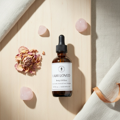 Body oil elixir:  Rose and Vanilla scents, Almond oil and jojoba oil