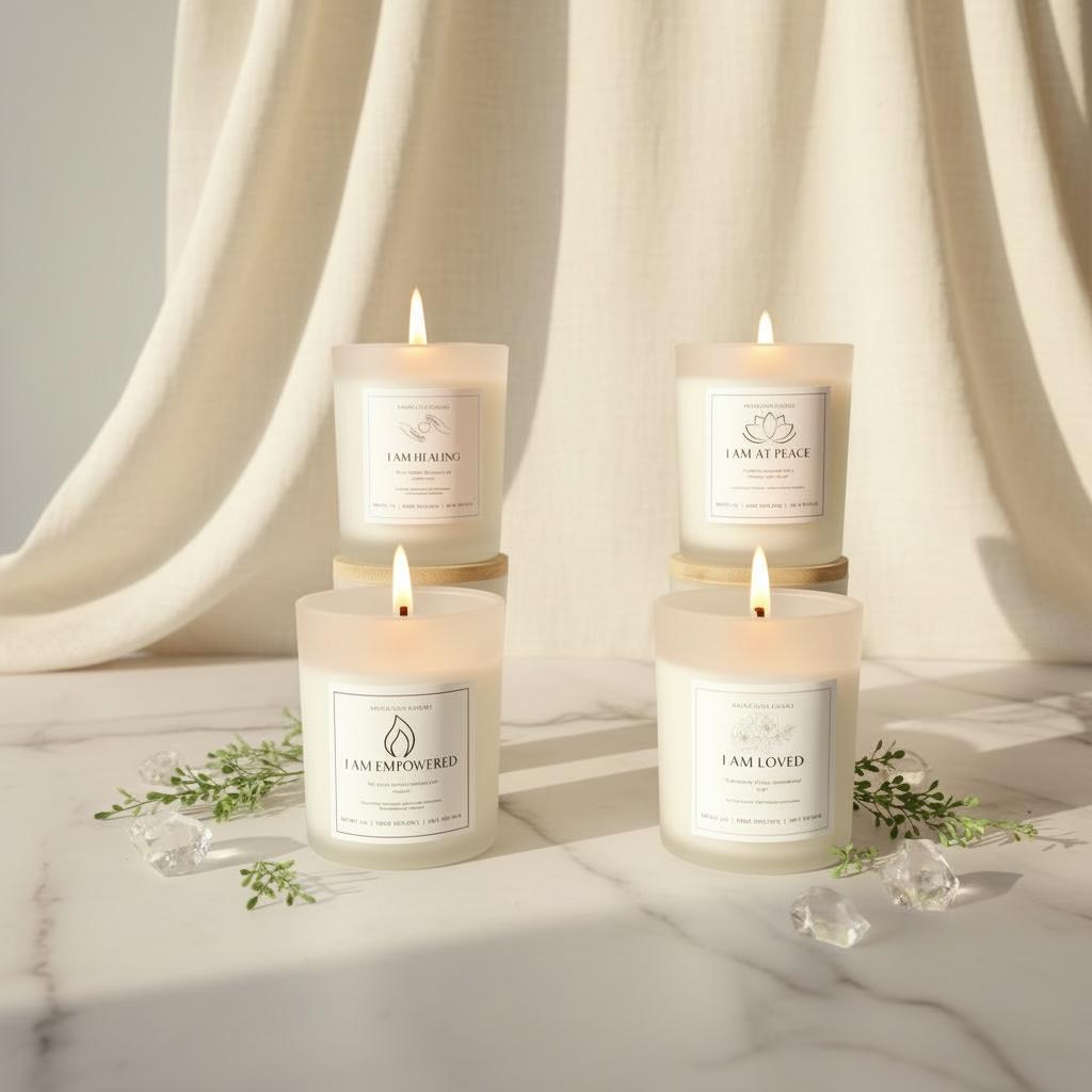 Sacred Glow Candle Set: jasmine, bergamot, frankincense, eucalyptus, peppermint, lavender,  chamomile, rose and vanilla scents