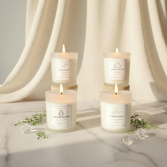 Sacred Glow Candle Set: jasmine, bergamot, frankincense, eucalyptus, peppermint, lavender,  chamomile, rose and vanilla scents