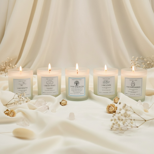 Sacred Glow Candle Set: jasmine, bergamot, frankincense, eucalyptus, peppermint, lavender,  chamomile, White oak, Sandal wood, rose and vanilla scents