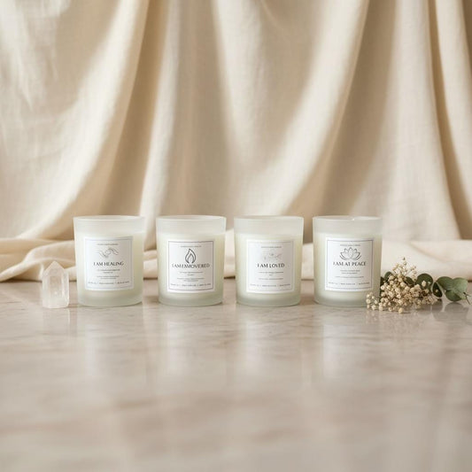Sacred Glow Candle Set: jasmine, bergamot, frankincense, eucalyptus, peppermint, lavender,  chamomile, rose and vanilla scents