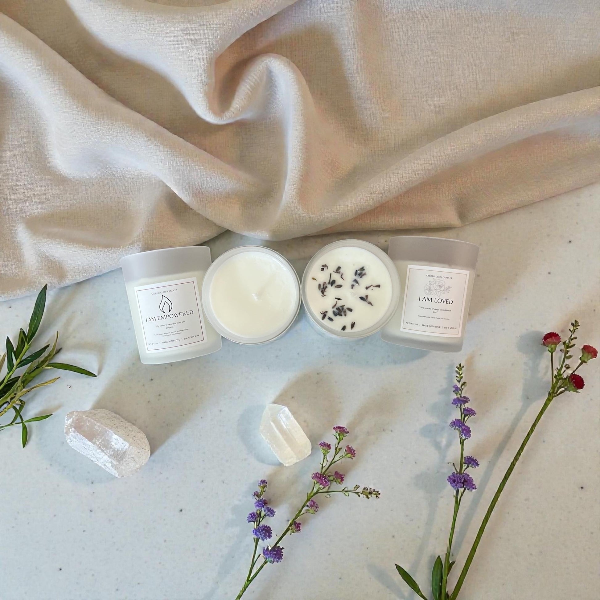 Sacred Glow Candle Set: jasmine, bergamot, frankincense, eucalyptus, peppermint, lavender,  chamomile, rose and vanilla scents