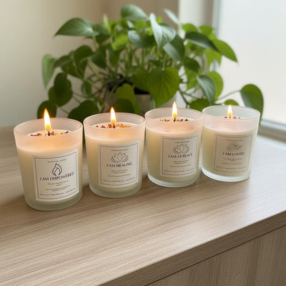 Sacred Glow Candle Set: jasmine, bergamot, frankincense, eucalyptus, peppermint, lavender,  chamomile, rose and vanilla scents
