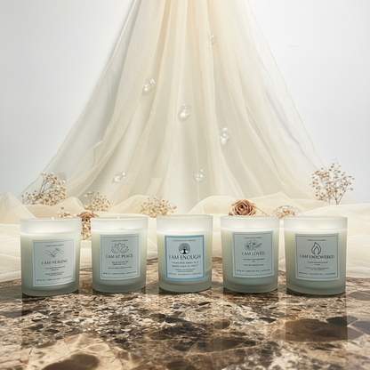 Sacred Glow Candle Set: jasmine, bergamot, frankincense, eucalyptus, peppermint, lavender,  chamomile, White oak, Sandal wood, rose and vanilla scents