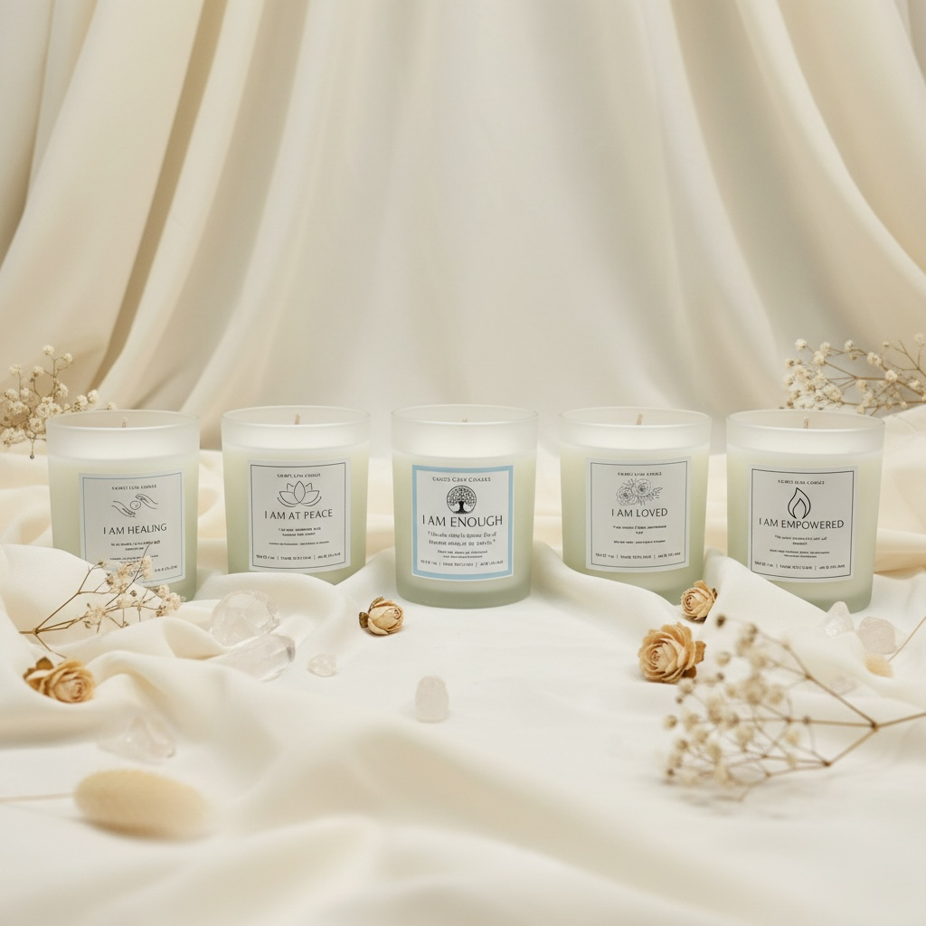 Sacred Glow Candle Set: jasmine, bergamot, frankincense, eucalyptus, peppermint, lavender,  chamomile, White oak, Sandal wood, rose and vanilla scents