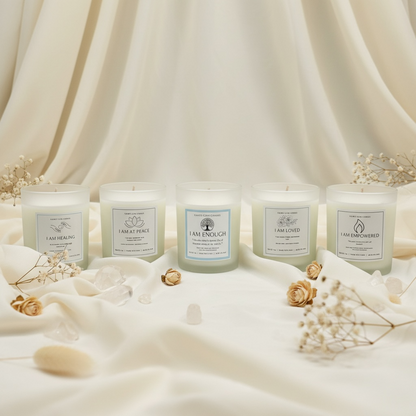 Sacred Glow Candle Set: jasmine, bergamot, frankincense, eucalyptus, peppermint, lavender,  chamomile, White oak, Sandal wood, rose and vanilla scents