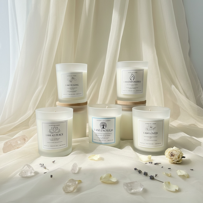 Sacred Glow Candle Set: jasmine, bergamot, frankincense, eucalyptus, peppermint, lavender,  chamomile, White oak, Sandal wood, rose and vanilla scents