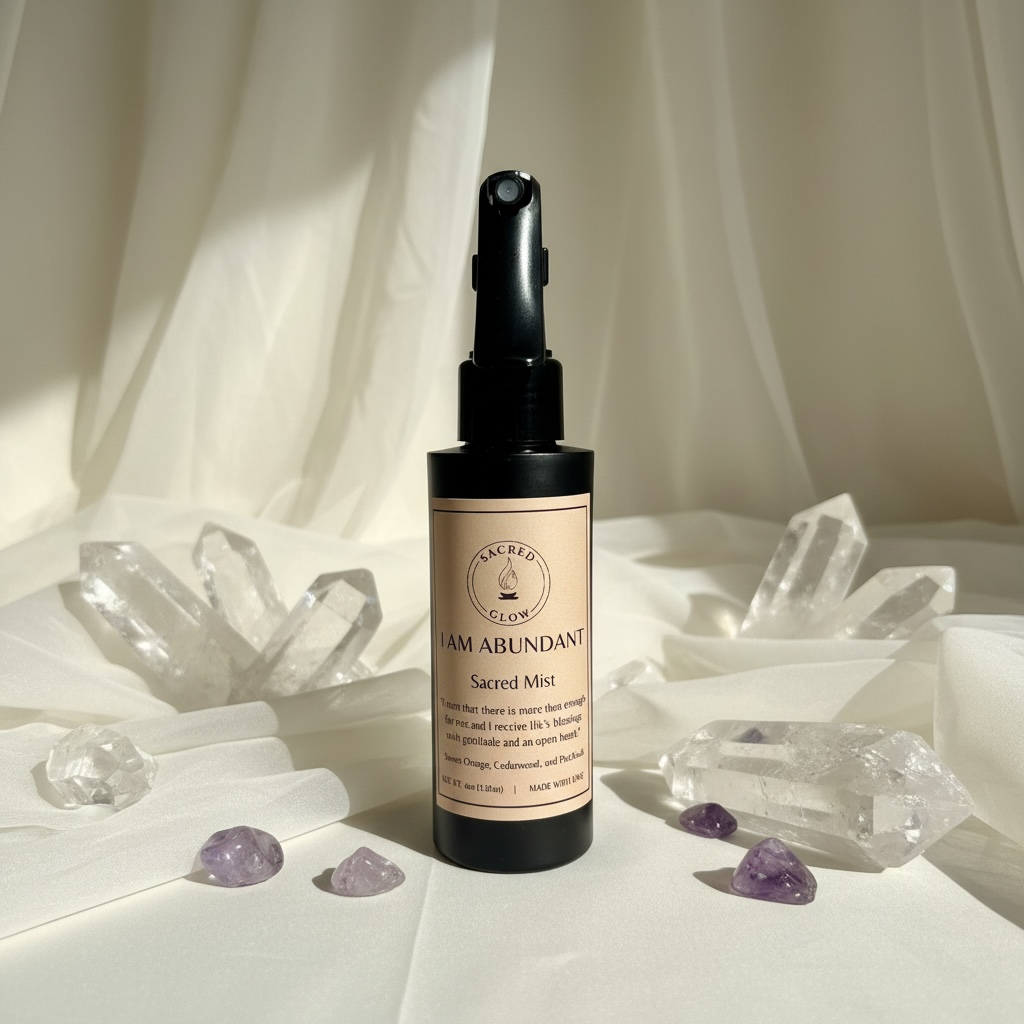 Sacred Mist: I Am Abundant (4oz): Sweet orange, Patchouli, and Cedarwood scents