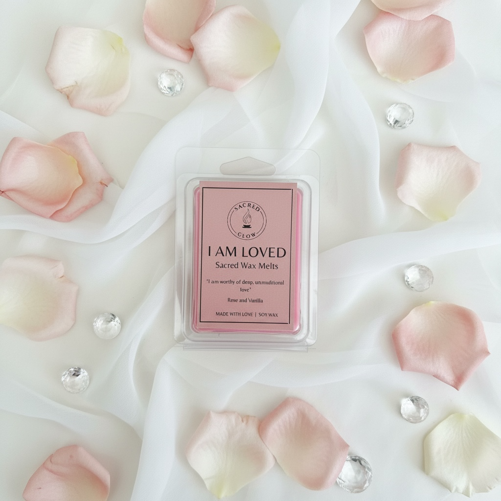 Sacred Wax Melts I Am Loved of rose and vanilla scents.