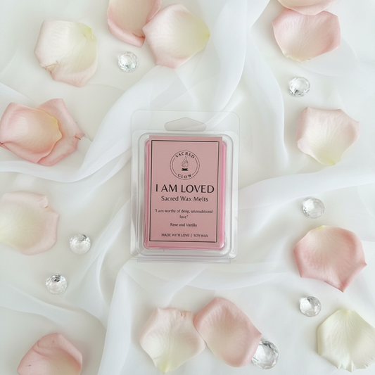 Sacred Wax Melts I Am Loved of rose and vanilla scents.