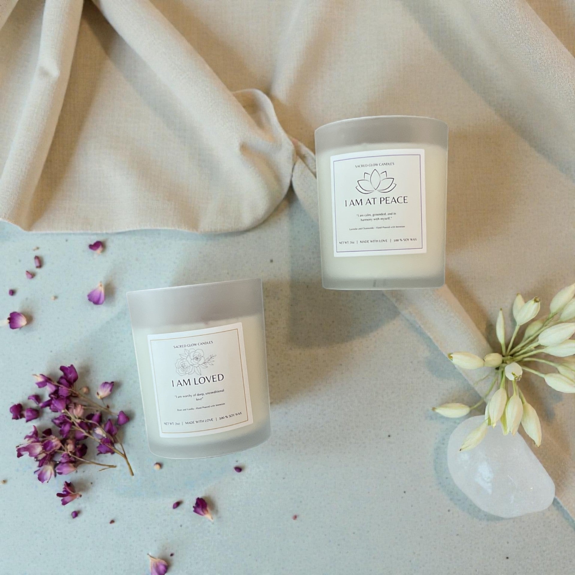 The Self Love & Peace Duo Candles: vanilla, rose, lavender, chamomile scents